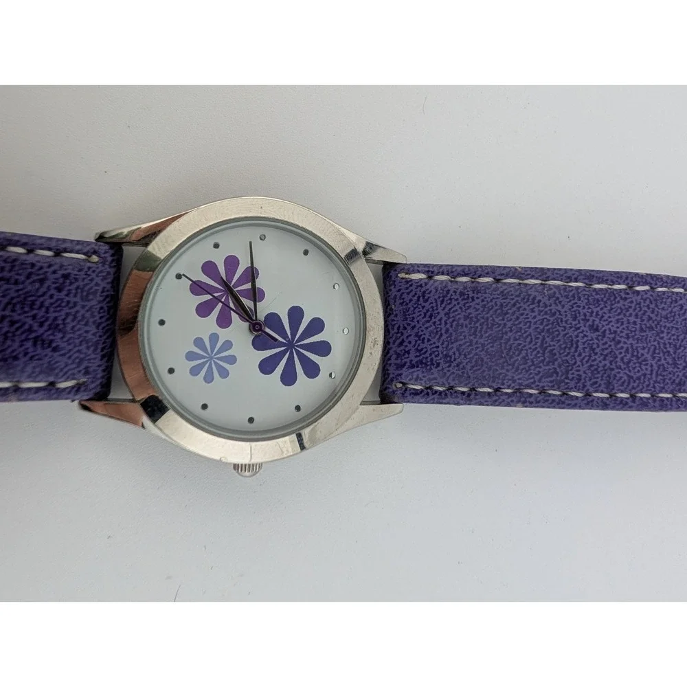 Avon Spring Fling Watch Women 32mm Silver Case Purple‎ Band- New Battery